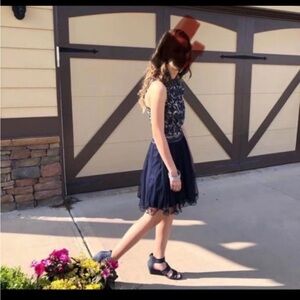 Girls Navy Lace & Tulle Party Dress